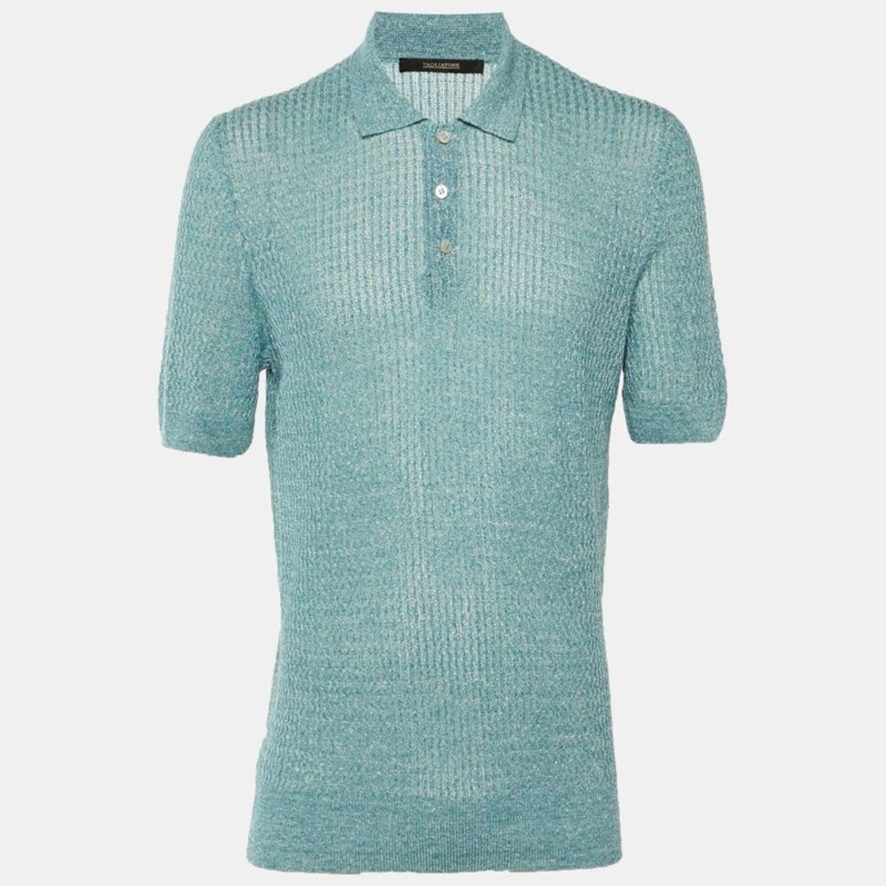 Tagliatore Teal Blue Wavy Linen Knit Polo T-Shirt L